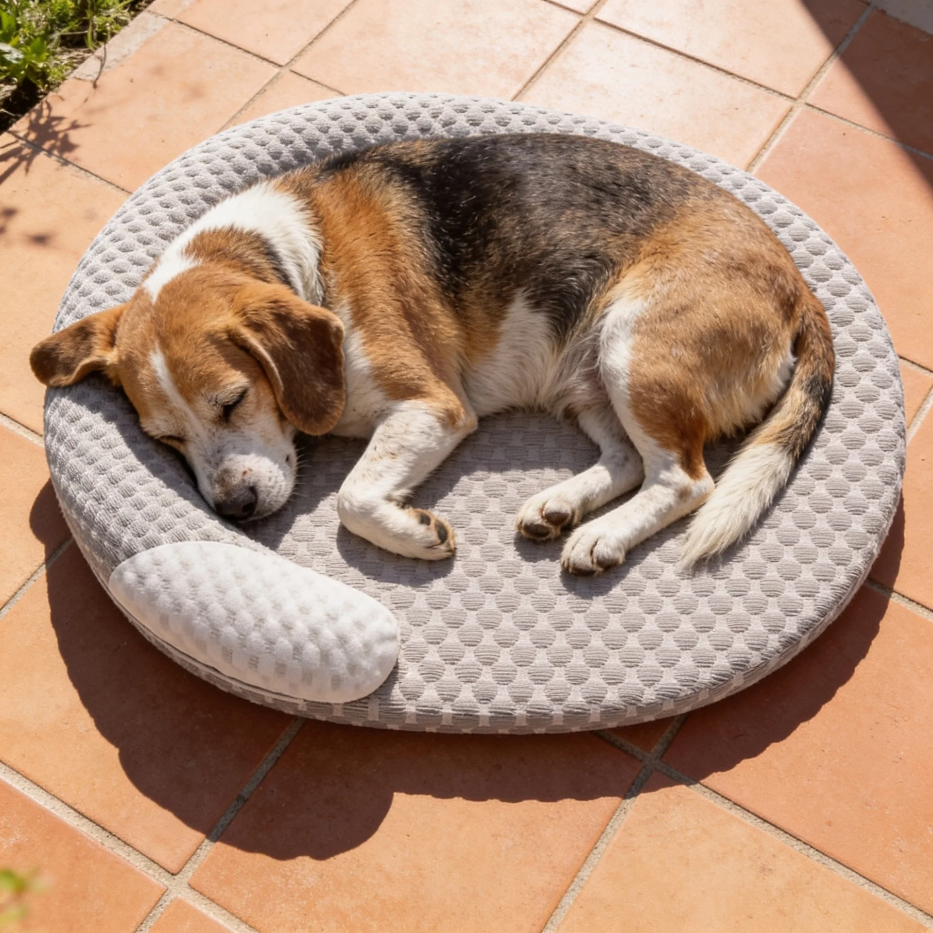 Beagle liegt bei Sonnenschein auf dem CoolNest™ Kühlbett auf der Terrasse